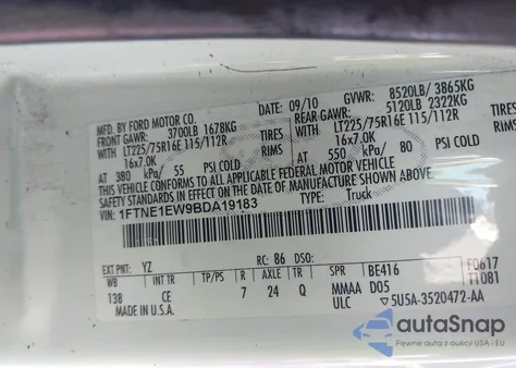 2011 Ford E-150 Commercial z USA, uszkodzony, nr VIN 1FTNE1EW9BDA19183